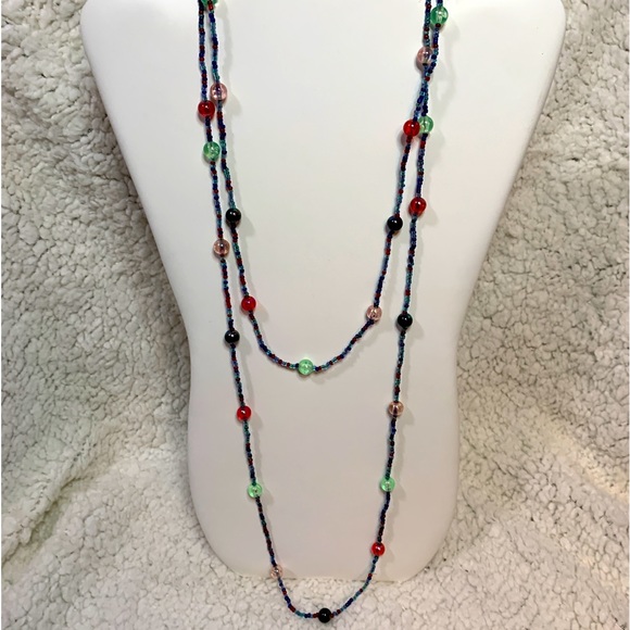Long Layering Seed Beaded Glass Colorful Necklace IT GLOWS! - Picture 4 of 8